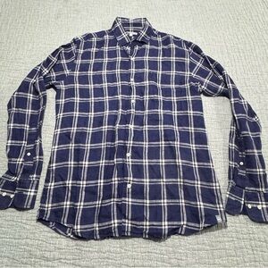 Peter Millar Shirt Mens Medium Blue‎ Plaid Flannel Linen Button Up Buffalo Check